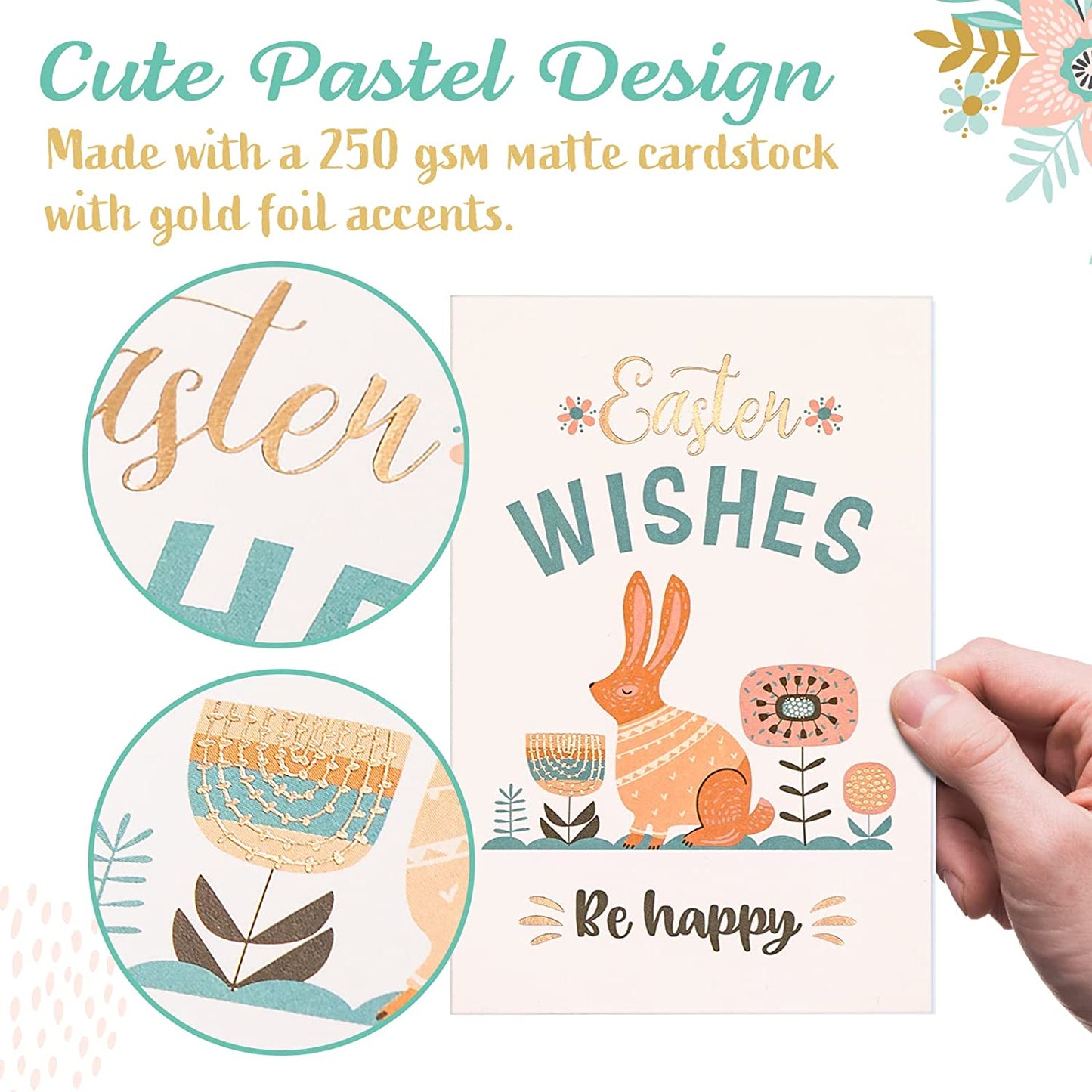 Easter Cards Pack, 24-Count Easter Greeting Cards Assortment, 6 Designs, Gold Foil 4 x 6 Inches, Blank Inside, Bulk Happy Easter Cards for Kids