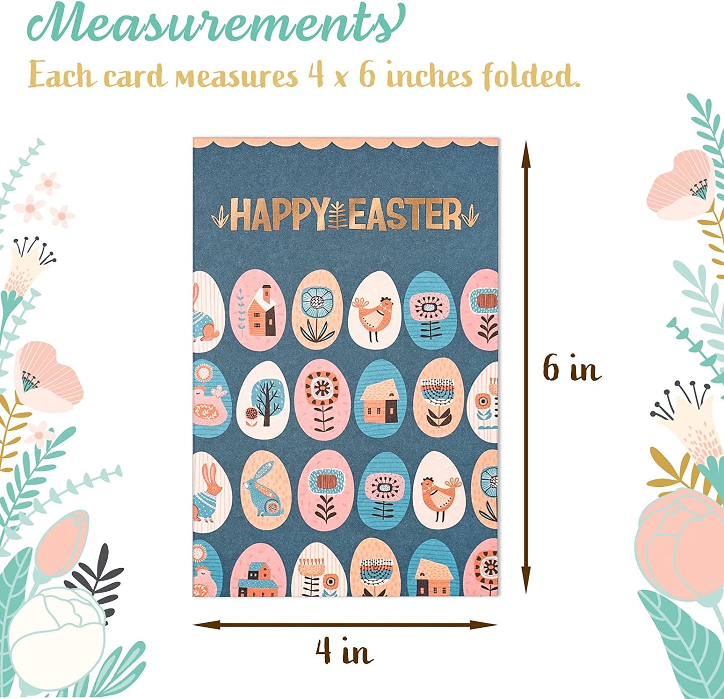 Easter Cards Pack, 24-Count Easter Greeting Cards Assortment, 6 Designs, Gold Foil 4 x 6 Inches, Blank Inside, Bulk Happy Easter Cards for Kids