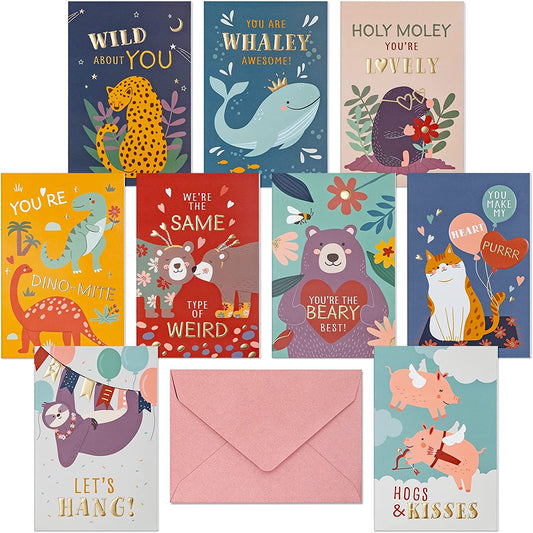 Valentines Day Cards for Kids School, 36-Pack Animal-Themed Funny Valentine's Exchange Cards for Classroom with Gold Foil and Emboss Details, 4 x 6 Inches, Blank on the Inside, Envelopes Included