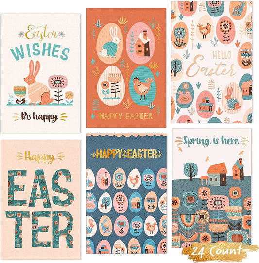 Easter Cards Pack, 24-Count Easter Greeting Cards Assortment, 6 Designs, Gold Foil 4 x 6 Inches, Blank Inside, Bulk Happy Easter Cards for Kids